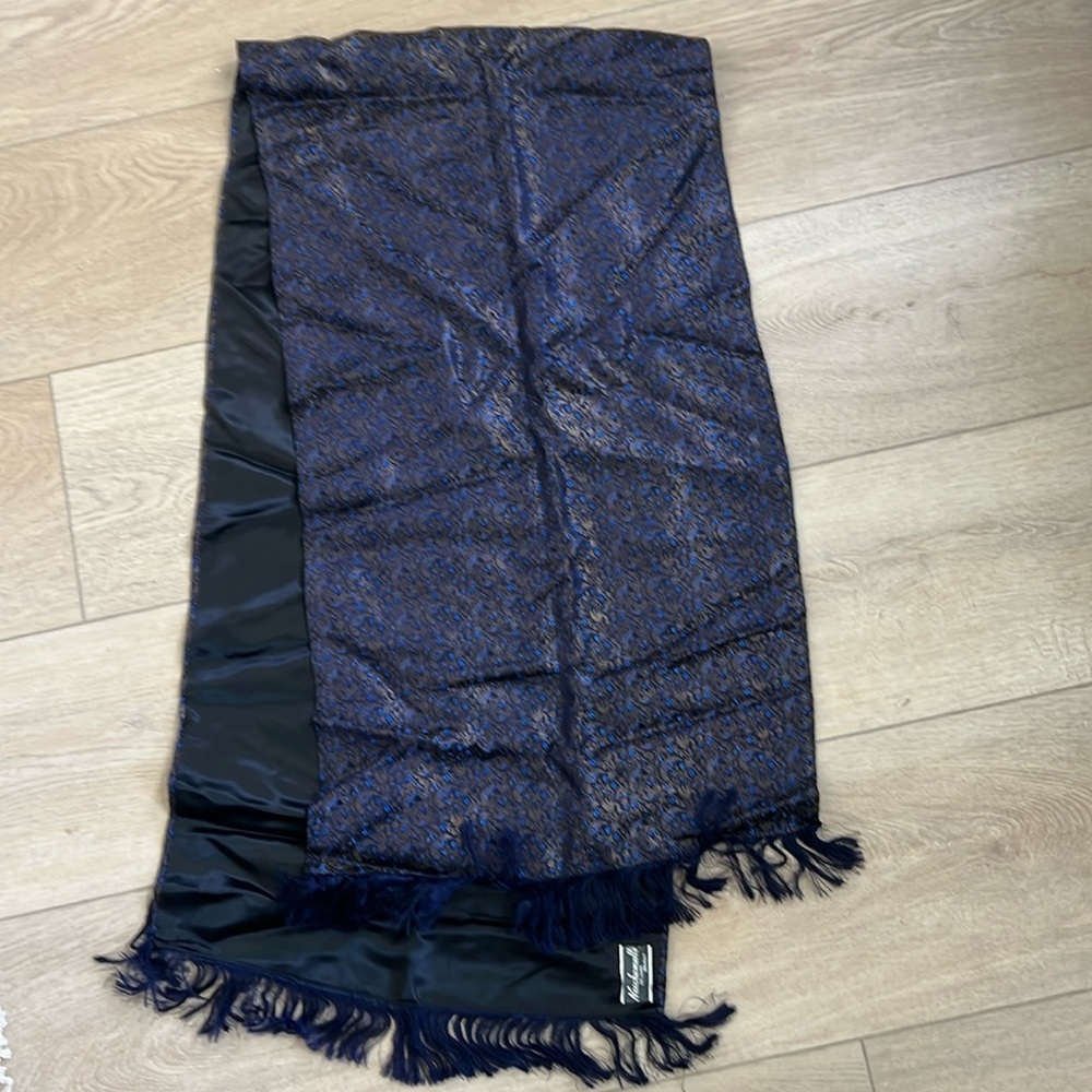 Antique Silk Navy & Gold Embroidered Fringed Shoulder Shawl 65x16.5 Made Beirut